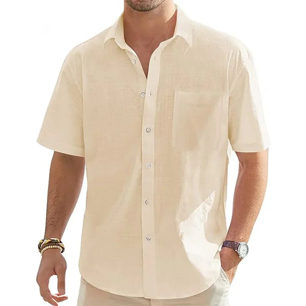 Men's Solid Color Cotton Linen Short Sleeve Shirts Vacation Beach