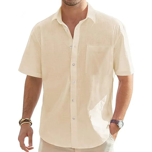 Men's Solid Color Cotton Linen Short Sleeve Shirts Vacation Beach