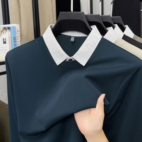 2025 New Men's Fake Two Piece Polo Shirt Casual Fashion Long Sleeve