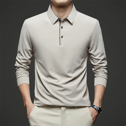 New Men's Business Casual  Long Sleeve Solid Color Polo Shirt