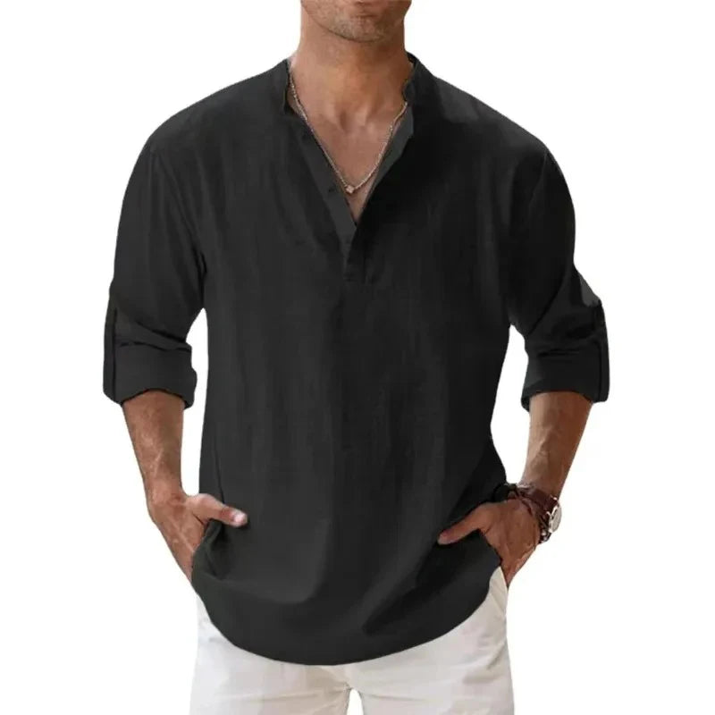 Streetwear Men Lightweight Shirts Long Sleeve Henley Cotton Linen