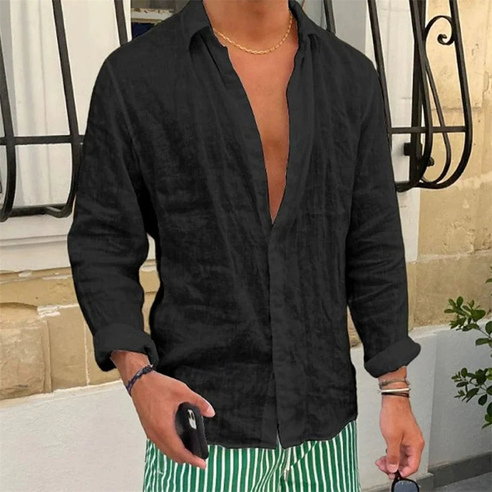 Spring Autumn Men's Cotton Linen Shirt Casual Long Sleeve Solid Color