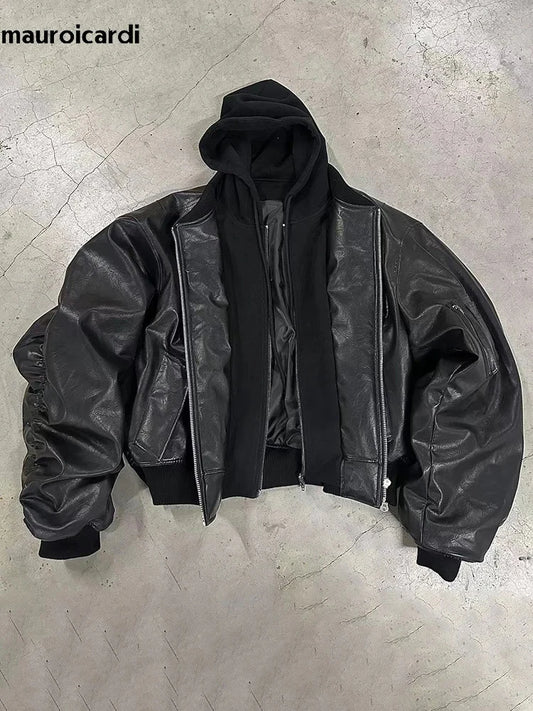 Mauroicardi Autumn Winter Oversized Cool Black Thickened Warm Pu