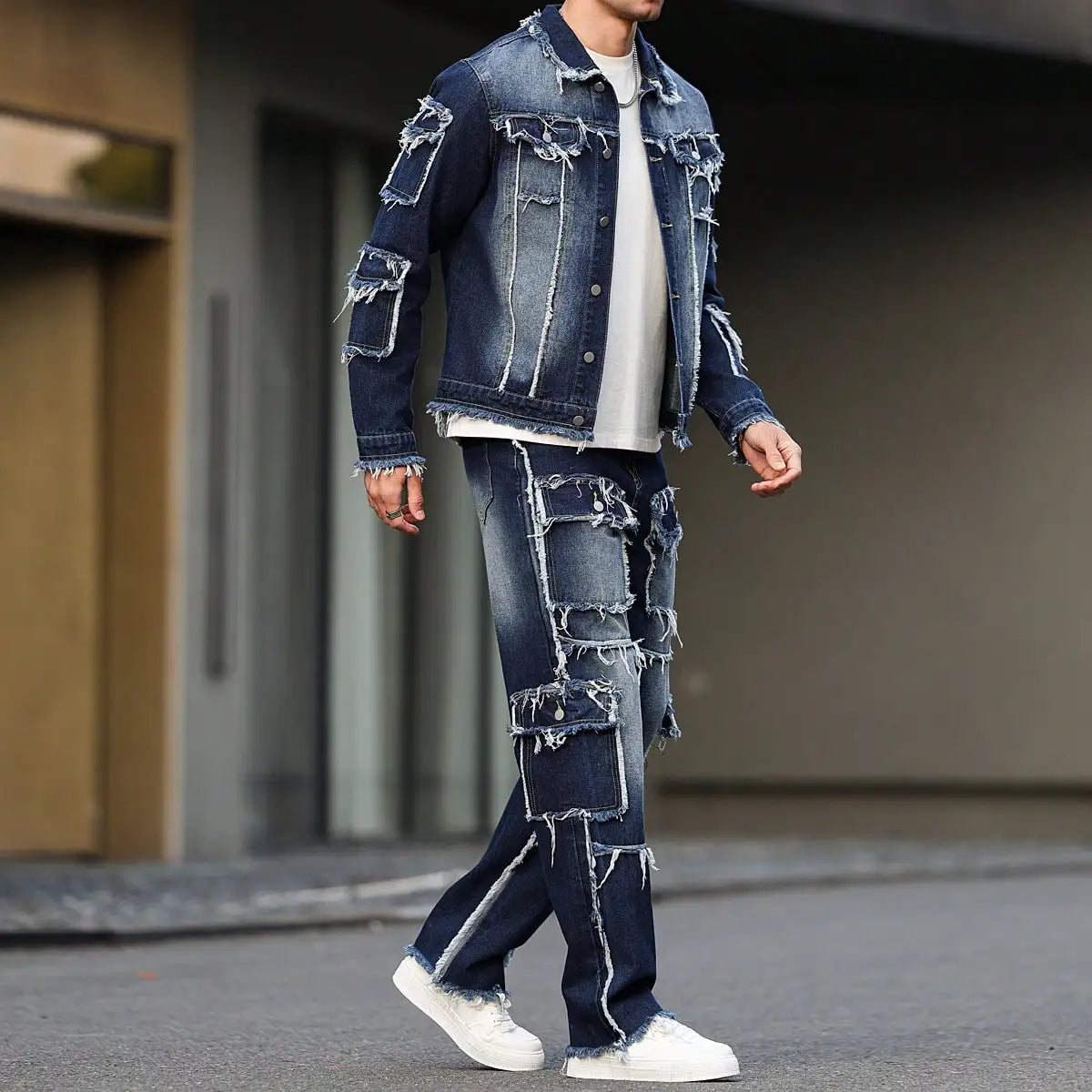 Men's spring and autumn denim suit, multi - pocket design, wide