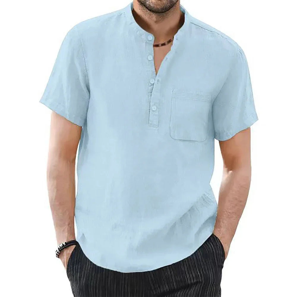 Men's Short Sleeve T-shirt Cotton and Linen Casual Men T-shirt Solid