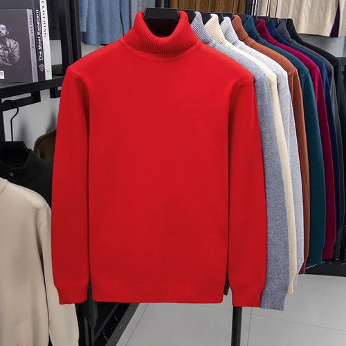 Autumn Mens High Quality Knitted Turtleneck Sweater Slim Fit Long