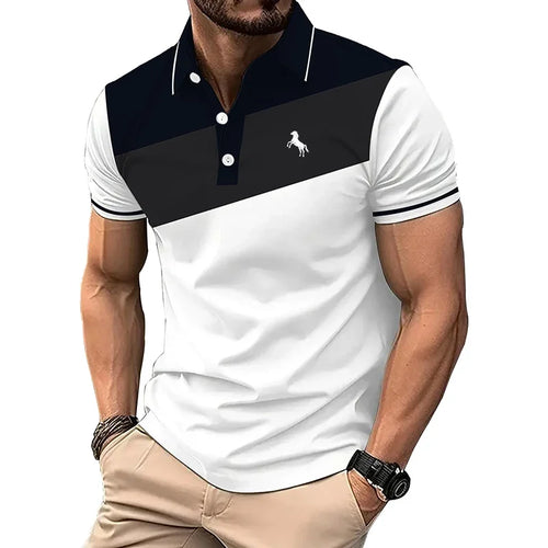 Men Clothes Summer Casual Short Sleeve Spell Color Button Polo Shirt