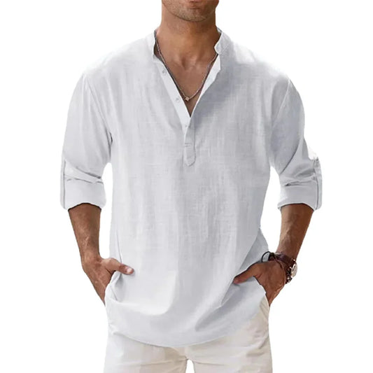 Cotton Linen Hot Sale Men's Short-Sleeved Shirts Summer Solid Color