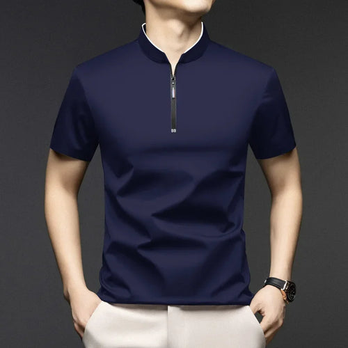 2025 New Men's Casual Fashion Zipper Solid Color Short Sleeved Polo