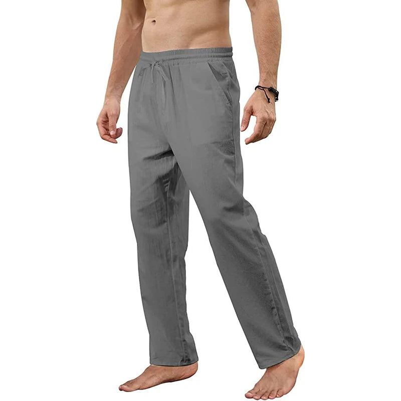 Men's Cotton Linen Pants Loose Breathable Casual Solid Color Long
