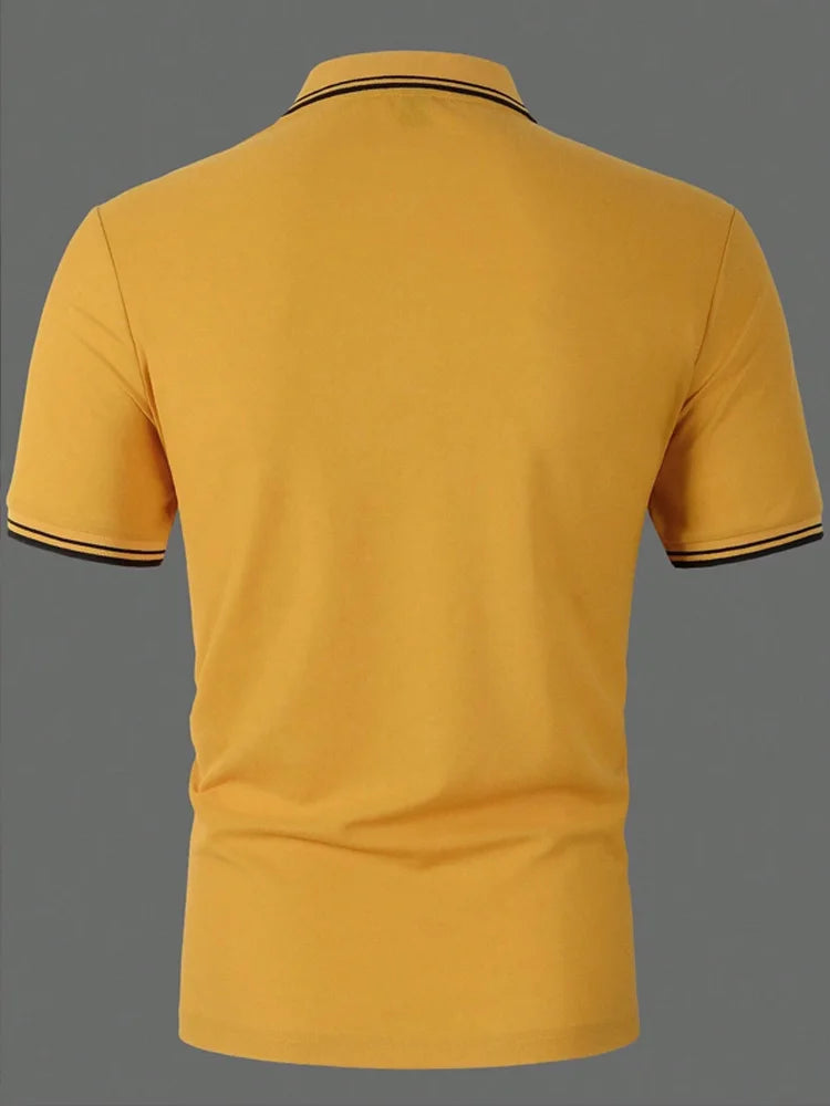 Men Horse Print Striped Trim Polo Shirt Short Sleeve Basic Modern