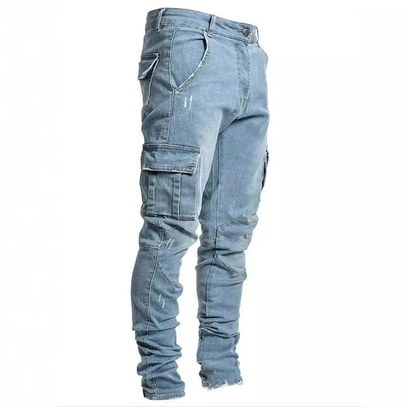 Men Street Elastic Denim Jeans Wash Solid Color Multi Pockets Cargo