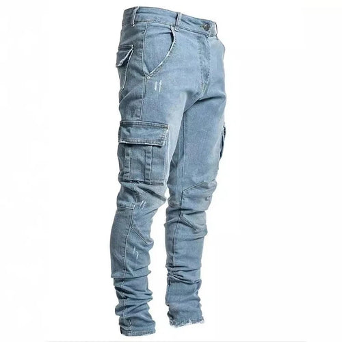 Men Street Elastic Denim Jeans Wash Solid Color Multi Pockets Cargo