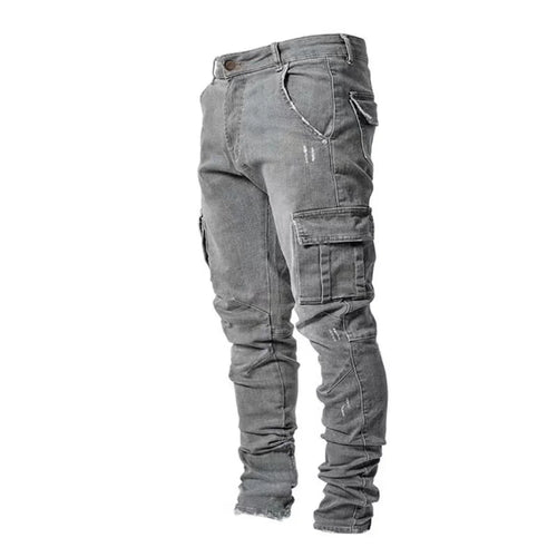 Men Street Elastic Denim Jeans Wash Solid Color Multi Pockets Cargo