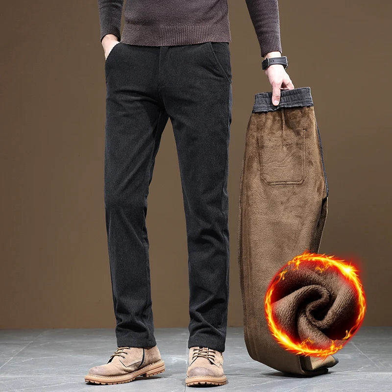 2024 New Winter Fleece Warm Corduroy Pants Men Business Fashion Slim