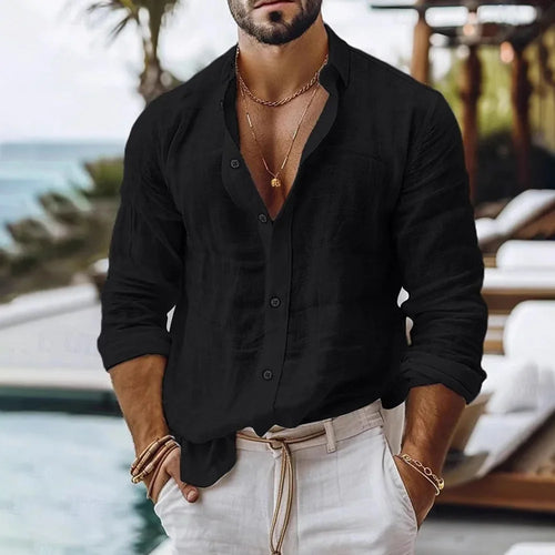 Cotton Linen Shirt for Men Summer Beach Style Solid Color Single