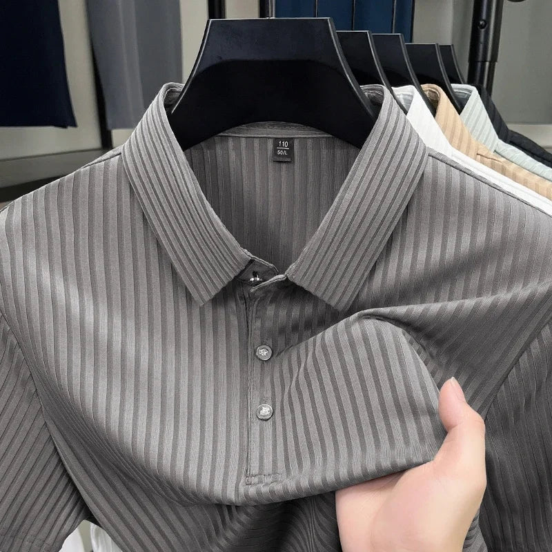 2025 New Men's Casual Fashion Striped Short Sleeved Collar Polo Shirt