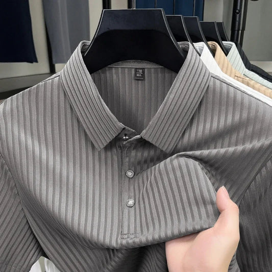 2025 New Men's Casual Fashion Striped Short Sleeved Collar Polo Shirt