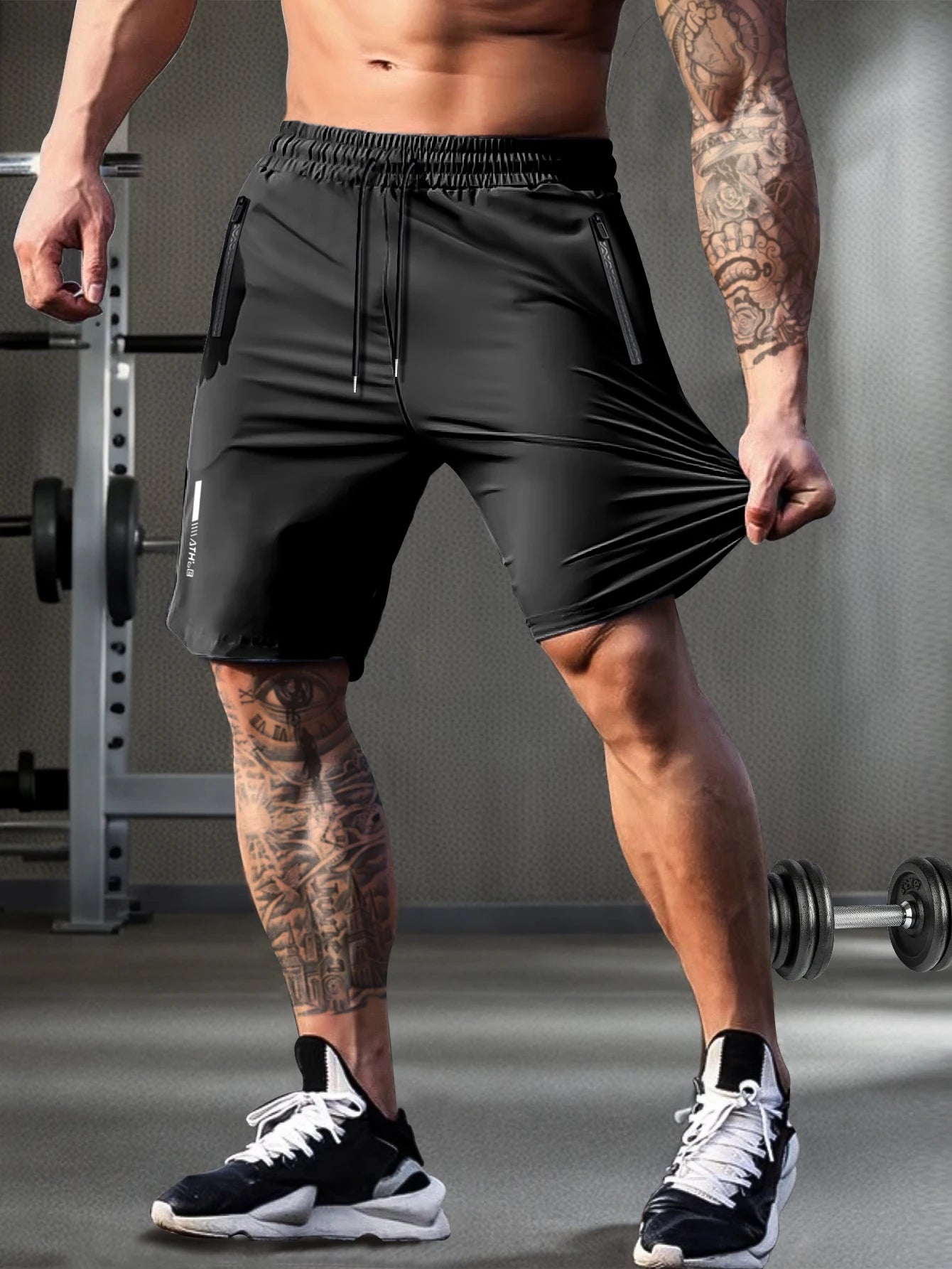 Men's solid color shorts, with zipper pockets, casual elastic