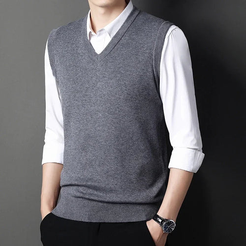 2024 Autumn Winter New Men's Solid Color V-neck Knitted Vest Casual