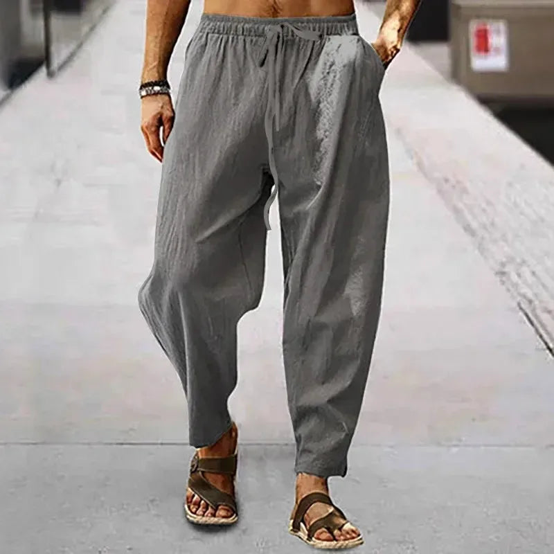 New Men Cotton Linen Pants Summer and Autumn Solid High Waist Wide-Leg