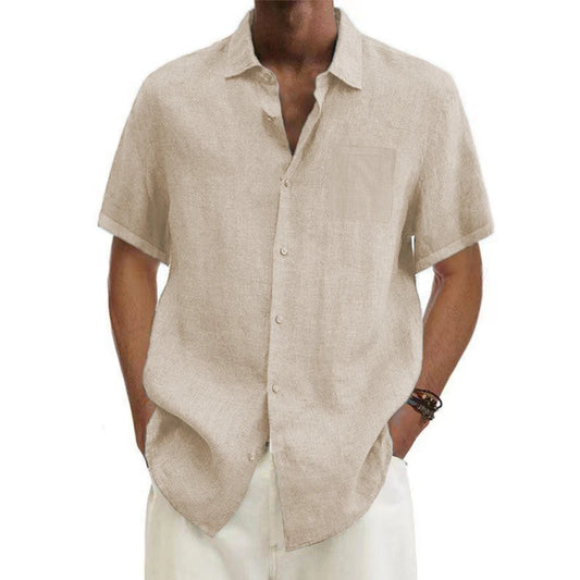men Cotton Linen Hot Sale Men's Short-Sleeved Shirts Summer Solid