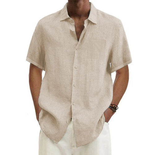 men Cotton Linen Hot Sale Men's Short-Sleeved Shirts Summer Solid