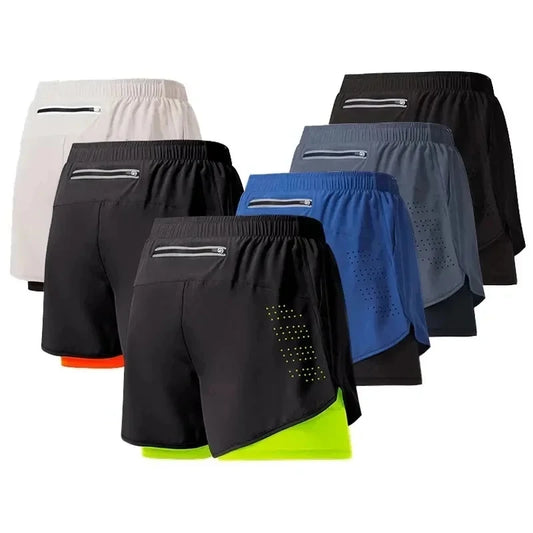 Men Fitness Built-in pocket sports Shorts Summer 2 In 1 Quick Dry Gym