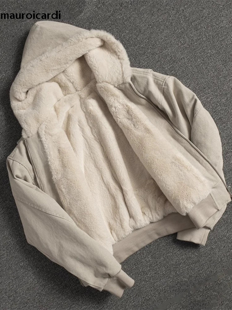 Mauroicardi Autumn Winter Short Thickened Warm Oversized Canvas Washed