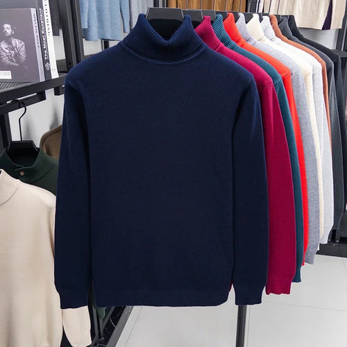 Autumn Mens High Quality Knitted Turtleneck Sweater Slim Fit Long