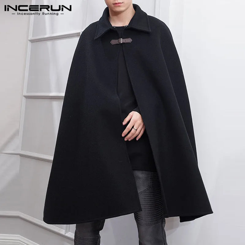 INCERUN Fashion Men Cloak Coats Lapel Solid Color One Button Cape