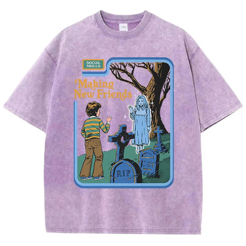 Social Skills Making New Friends Washed Retro Male Women T-Shirts Hip