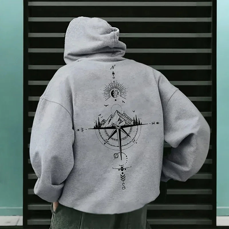 Vintage Compass Print Hoodies for Men High Quality Hooded Long Sleeve