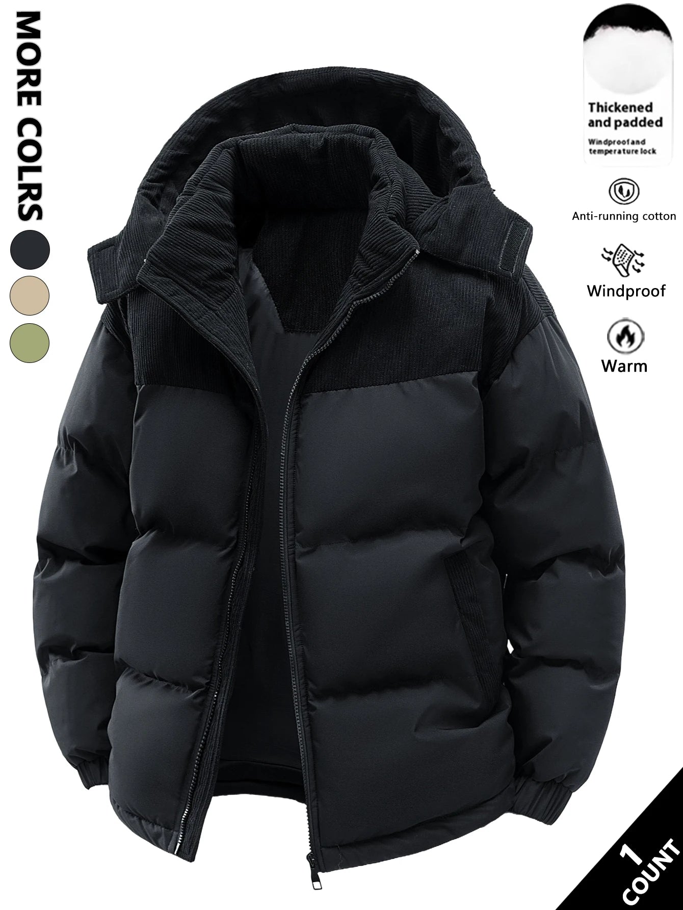 Men's Hooded Cotton Jacket, Thickeneded and Warm in Winter, Windproof