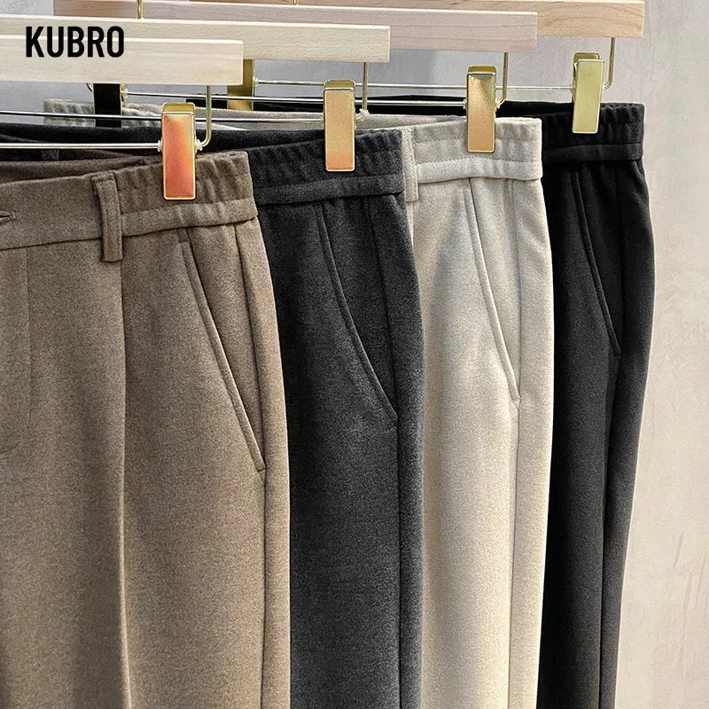 Autumn Winter Suit Pants Men Thick Business Elastic Waist Classic Grey