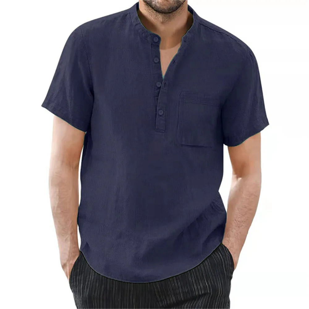 Men's Short Sleeve T-shirt Cotton and Linen Casual Men T-shirts Solid