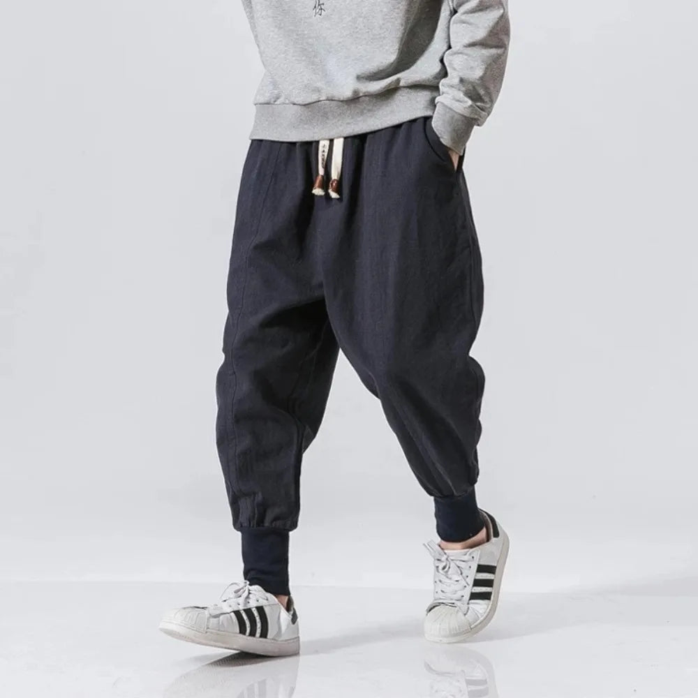 Cotton Linen Harem Pants Men Streetwear Joggers New Baggy Drop-crotch