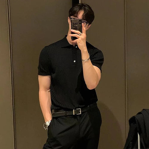 Summer Men's Clothing Retro Knit Lapel Striped Polo Shirt Solid Color