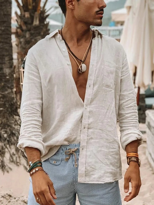Men's casual fashion solid color thin long-sleeved shirt, lapel
