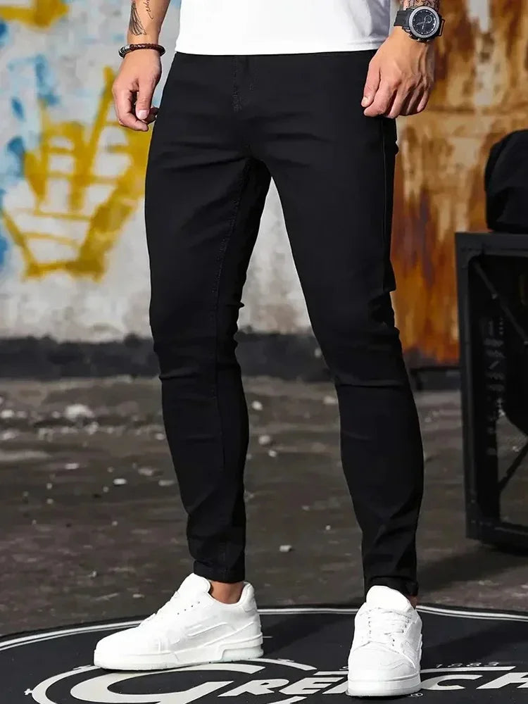 Men Jeans Stretch Skinny Denim Pants Solid Color Black Blue Spring