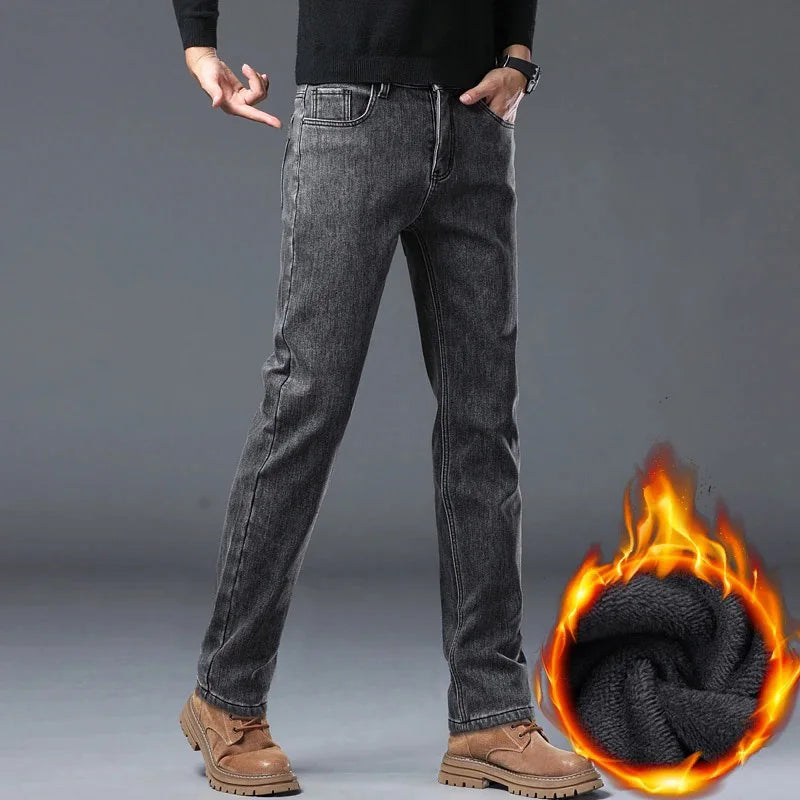 Winter Warm Jeans Men's Slim Straight Elastic Denim Pants Casual Male