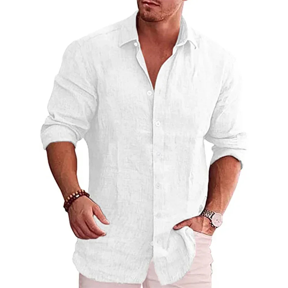 Cotton Linen Autumn Hot Selling Men's Long Sleeve Shirt Solid Color