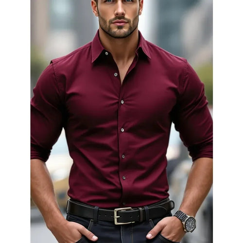 2025 Men's Shirt Brand New Solid Color Long Sleeve Smart Casual Four