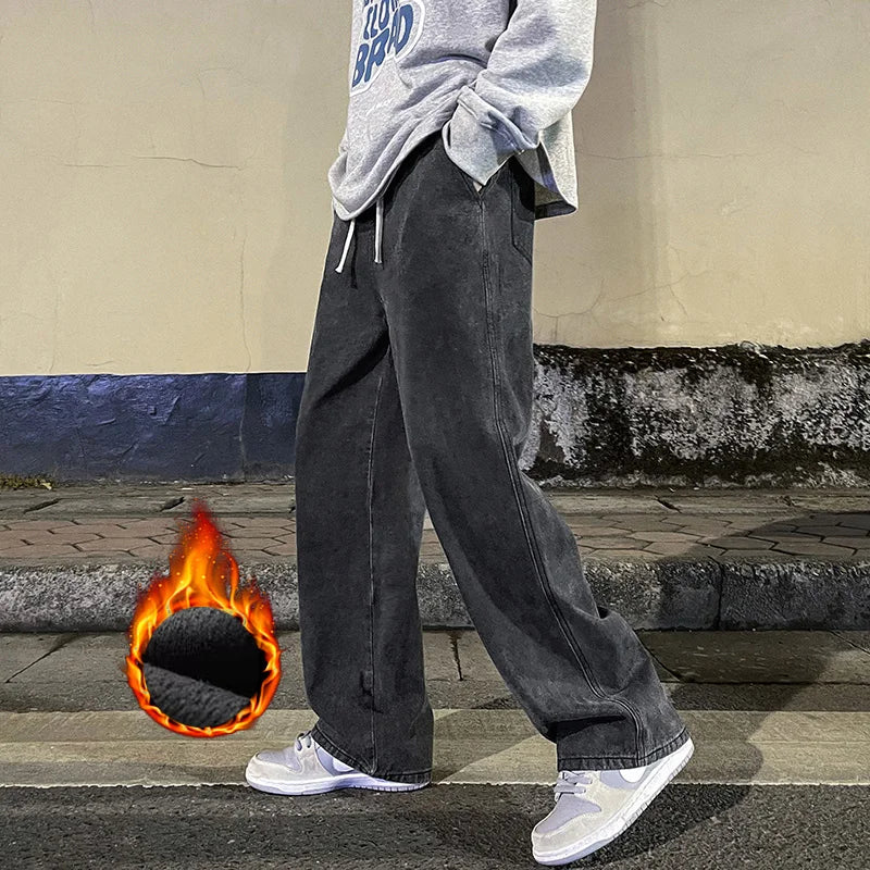 Men's Winter Fleece Loose Jeans Velvet Warm Elastic Waist Wide Leg Y2K