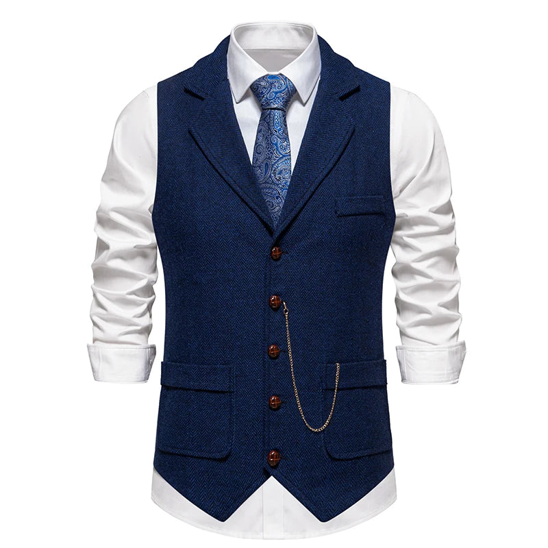 Men's Retro Lapel Chain Vest Fashion Herringbone Coarse Tweed Pockets