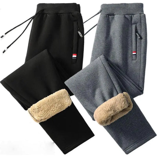 Winter Men's Cotton Tight Track Pants Fleece-Lined Thick Lambskin