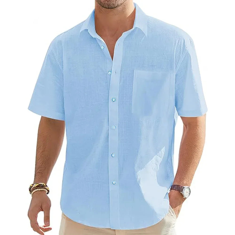 Men's Solid Color Cotton Linen Short Sleeve Shirts Vacation Beach