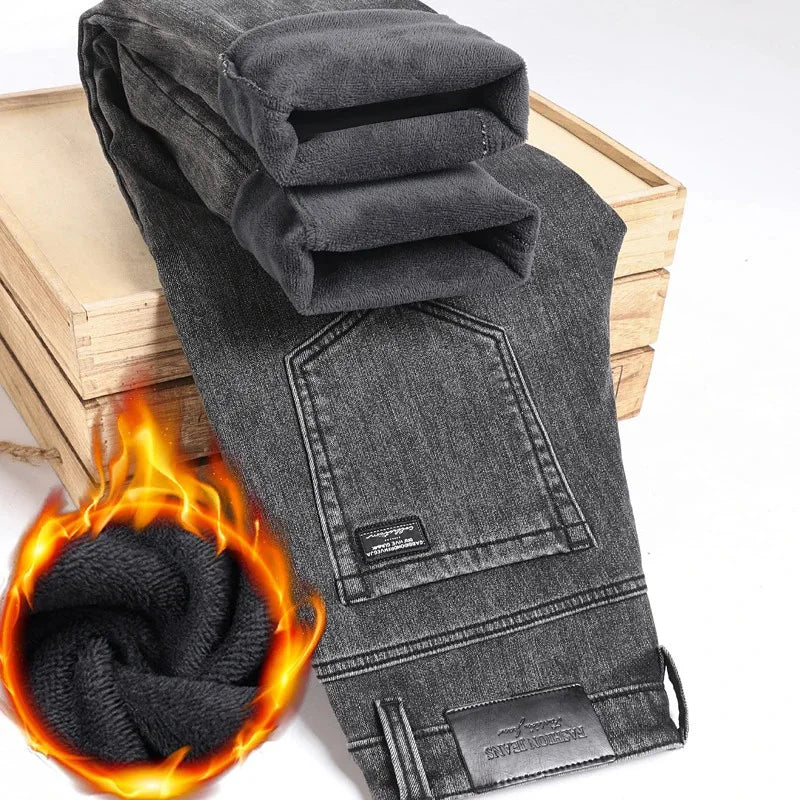 Winter Warm Jeans Men's Slim Straight Elastic Denim Pants Casual Male