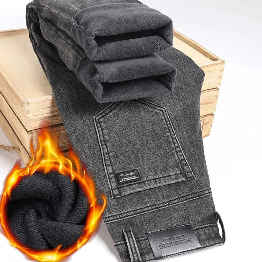 Winter Warm Jeans Men's Slim Straight Elastic Denim Pants Casual Male
