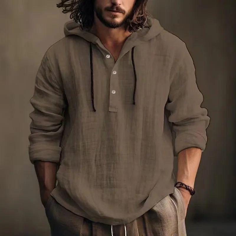 2024 New Men's Casual Blouse Cotton Linen Shirt Loose Tops Long Sleeve